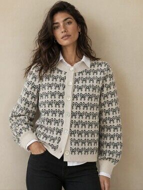 ICHI Cardigan Sweater Beige Bow Pattern Button Up Ihbrielle Preppy Women's Sz S